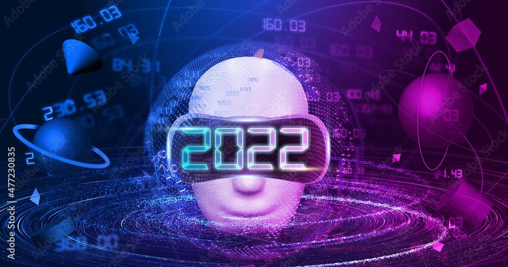 Poster 3d rendering New Year digital technology 2022, meta-universe concept virtual reality VR artificial intelligence future technology.