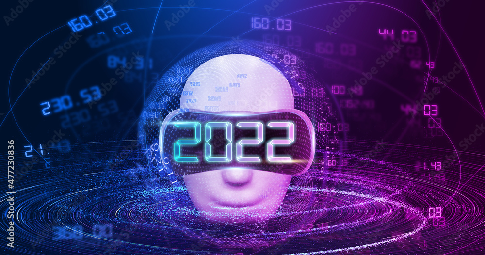Poster 3d rendering new year digital technology 2022, meta-universe concept virtual reality vr artificial i