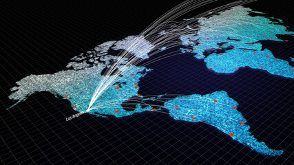 Global connectivity from Los Angeles, USA to other major cities around the world. Technology and network connection, trading and traveling concept. World map element of this clip furnished by NASA