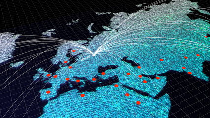 Global connectivity from Moscow, Russia to other major cities around the world. Technology and network connection, trading and traveling concept. World map element of this clip furnished by NASA