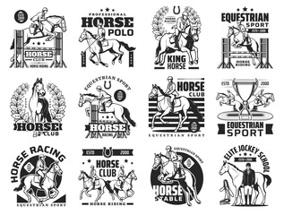 Equestrian sport and horse riding icons. Horse racing, polo sport team and show jumping competition, jockey school vector emblems with jockey and polo player, hippodrome racetrack and winner prize cup