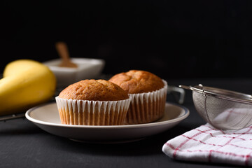Healthy breakfast banana cake on black background