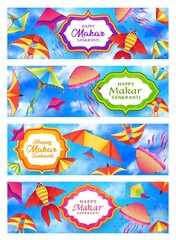Makar Sankranti holiday vector banners with kites of Indian Hindu religion festival. Paper toys flying in blue sky, festive colorful kites in shape of bird and fish with threads, ribbons greeting card