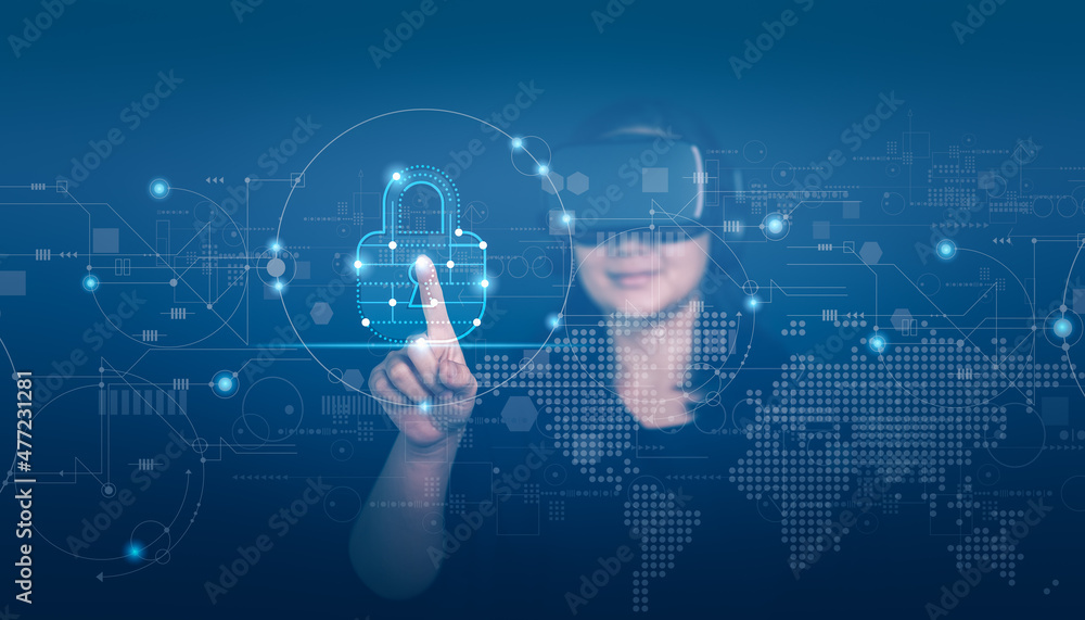 Fototapete woman wearing vr glasses virtual global internet connection metaverse, information security and encr
