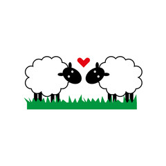 Two lamb icon. Red heart.Green grass. Livestock character. Love symbol. Romantic style. Vector illustration. Stock image. 
