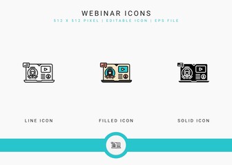 Webinar icons set vector illustration with solid icon line style. Online video conference concept. Editable stroke icon on isolated background for web design, user interface, and mobile app