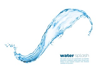 Isolated transparent clean water wave swirl with drops. 3d vector splash of blue liquid on white background, clear aqua or drink water abstract splatter with realistic ripple and falling drops