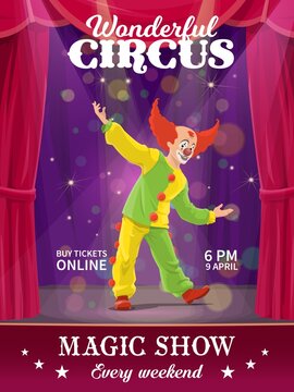 Shapito circus poster, cartoon red hair jester clown. Vector flyer with funny man character performing magic show on stage with curtains and spotlights. Artist performer in costume on big top stage