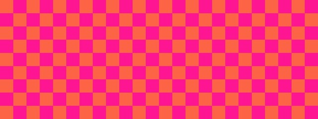 Checkerboard banner. Deep pink and Tomato colors of checkerboard. Small squares, small cells. Chessboard, checkerboard texture. Squares pattern. Background.