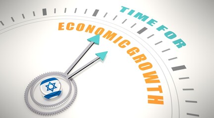 Time for economic growth words on clock face. Flag of Israel
