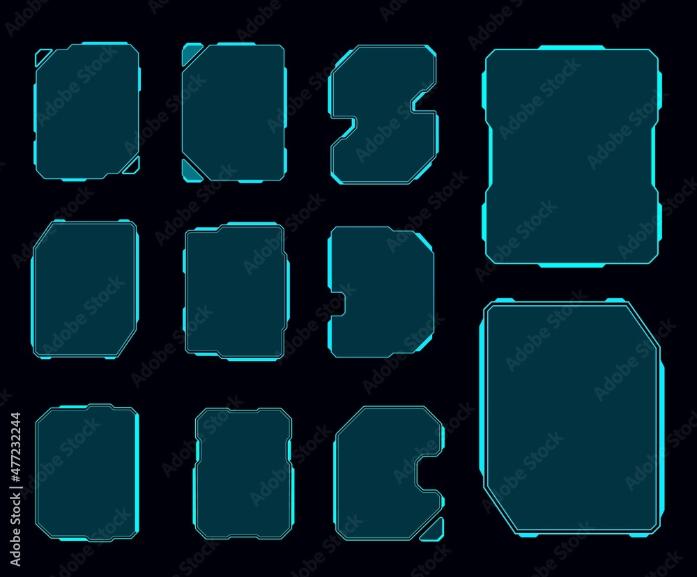 Fototapete HUD futuristic display and screen frames, info boxes ui interface. Callout titles, information call box bars in digital Modern tech style neon colored design elements for game or isolated user app