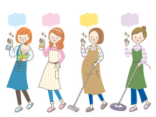 掃除をする女性の表情セット
