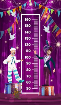 Kids height chart with cartoon circus growth measure meter ruler. Vector wall sticker with centimeter scale template, chapiteau clown, carnival show magician and monkey juggler on circus stage