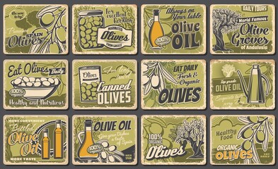 Olive oil and olives, retro posters and organic natural food, vector. Spanish olives and products in can, extra vrigin oil in jar and bottle packages, vegetable food rusty metal plates
