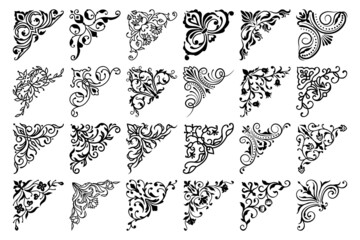 Vintage floral corner borders, frame embellishments, vector victorian flourish adornments. Art decoration and flowers in line pattern for wedding dividers or certificate corner borders