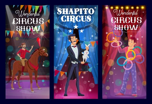 Shapito circus magician, acrobat and juggler performers vector banners. Big top artists illusionist perform stunt with rabbit in hat, horseman riding stallion. Cartoon characters on magic show stage
