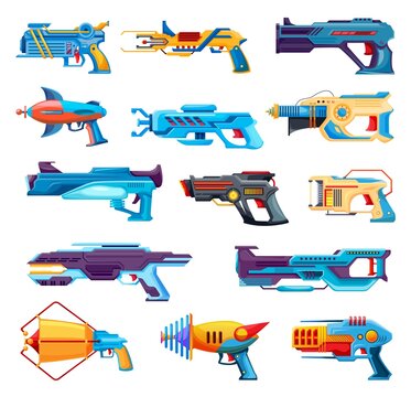Blaster kids toy guns, cartoon handguns and rayguns weapon. Vector pistols for game, alien space arms or child laser weapon. Military arms set, ui graphic design elements isolated on white background