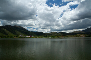 Panorama view of the reservoir Potrero de los Funes in San Luis, Argentina. The green forest, hills...