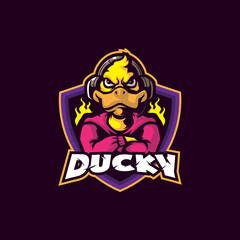 Duck mascot logo design vector with modern illustration concept style for badge, emblem and t shirt printing. Duck gamer illustration for sport and esport team.
