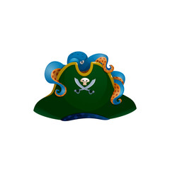 Caribbean captain headwear with skull and crossed swords, decorated by octopus isolated sailor tricorn cocked hat. Vector seafarer headdress, piracy symbol, robber fancy outfit, pirate headwear