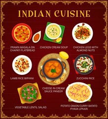 Indian cuisine vector menu prawn masala on chapati flatbread, chicken cream soup and lamb rice biryani. Cheese in cream sauce paneer, vegetable lentil salad or potato onion curry batato piyava upkari - obrazy, fototapety, plakaty