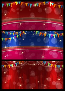 Shapito circus stage interior with red curtains and arena rings, lights and flags. Cirque theater or carnival show empty scene vector banners, decorated with bright bunting garland and spotlights