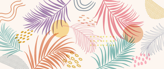 Abstract art background vector. Luxury minimal style wall art with botanical leaves line art and watercolor. Vector background for banner, poster, cover, card, invitation and prints. © TWINS DESIGN STUDIO