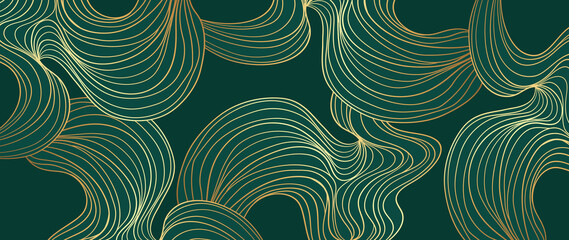 Luxury green abstract arts background vector. Gold and emerald line art design for wallpaper, wall arts, prints, cover, fabric and packaging background. vector illustration. - obrazy, fototapety, plakaty
