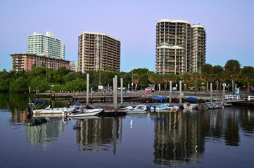 Fototapeta na wymiar Residential waterfront buildings in Coconut Grove, Miami, Florida on December 27, 2021.