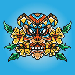illustration of skull shaped tiki mask with hibiscus flower