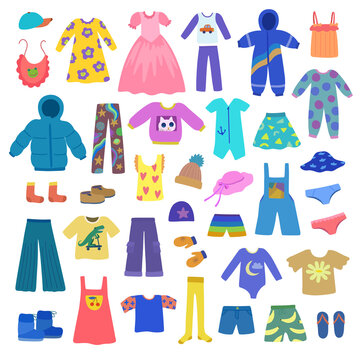 Big set of cute children's wear isolated on white background.Trendy vector hand drawn illustration in pastel colors.