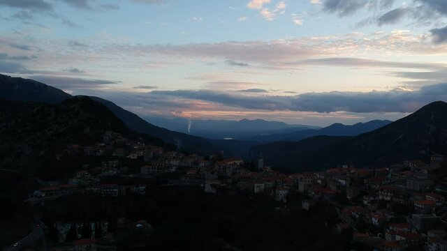 Aerial view over the beautiful historical village Dimitsana during winter period in Arcadia, Peloponnese, Greece