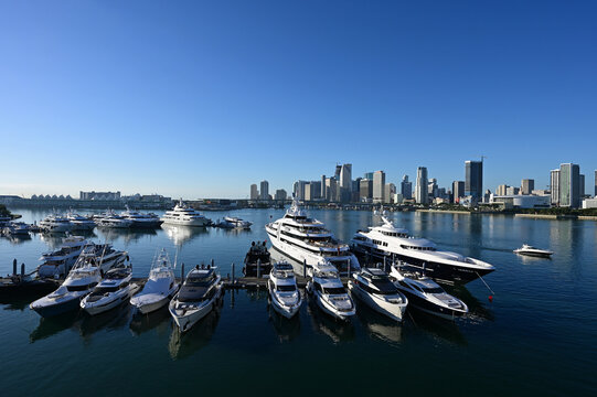 Super-yachts docked in Yacht Haven Grande Miami at Island Gardens in Miami on December 27, 2021.