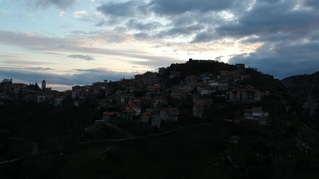 Aerial view over the beautiful historical village Dimitsana during winter period in Arcadia, Peloponnese, Greece