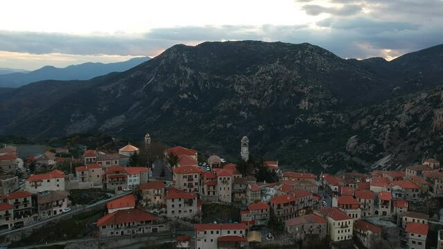 Aerial view over the beautiful historical village Dimitsana during winter period in Arcadia, Peloponnese, Greece