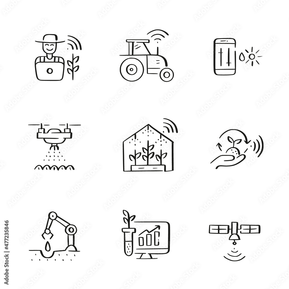 Aufkleber smart farming icons set. farmer using internet of things, drones and robots for precise farming. doo