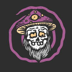 illustration of a drunk old skull wearing a magic mushroom hat