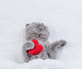 Funny kitten holds red heart on a bed under warm white blanket. Valentines day concept. Top down...