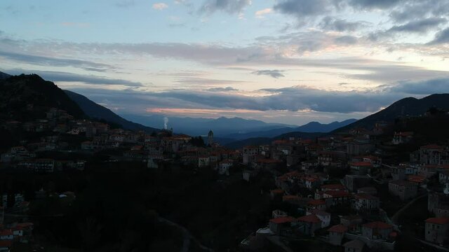 Aerial view over the beautiful historical village Dimitsana during winter period in Arcadia, Peloponnese, Greece