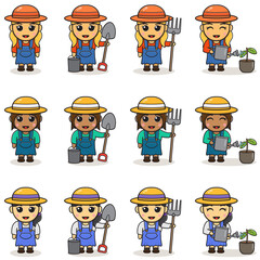 Vector illustration of Cartoon young farmer Girl. cute farmer vector design with fork and watering can. Cute Cartoon Girl With Shovel. Cute cartoon character. Isolated on white.