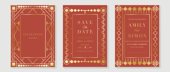 Art deco wedding invitation card vector. Luxury classic antique cards design for VIP invite, Gatsby invitation gold, Fancy party event, Save the date card and Thank you card. Vector illustration.