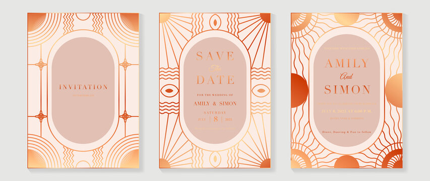 Art deco wedding invitation card vector. Luxury classic antique cards design for VIP invite, Gatsby invitation gold, Fancy party event, Save the date card and Thank you card. Vector illustration.