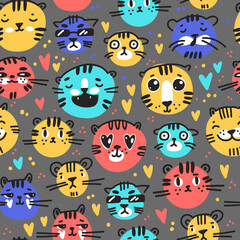 Seamless pattern with cute funny cartoon tigers in naive kid drawn style. Tiny animal muzzles.