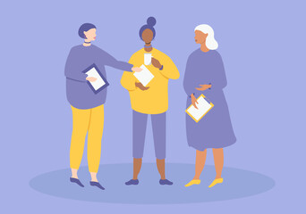 vector illustration - three girls colleagues discuss work and exchange papers. trend illustration in flat style