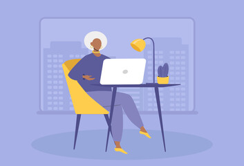 vector illustration - black woman works in the office for a laptop. trend illustration in flat style