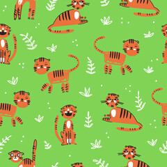 Fototapeta premium Seamless pattern with cute funny cartoon tigers in naive kid drawn style. Tiny animal characters.
