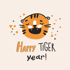 Cute funny cartoon tiger in naive kid drawn style. Greeting card 2022.
