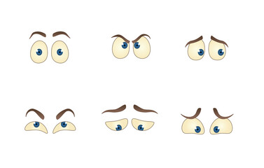 Eyes brows facial expressions vector illustration set happy sad angry annoyed gloomy white background simple yellow color