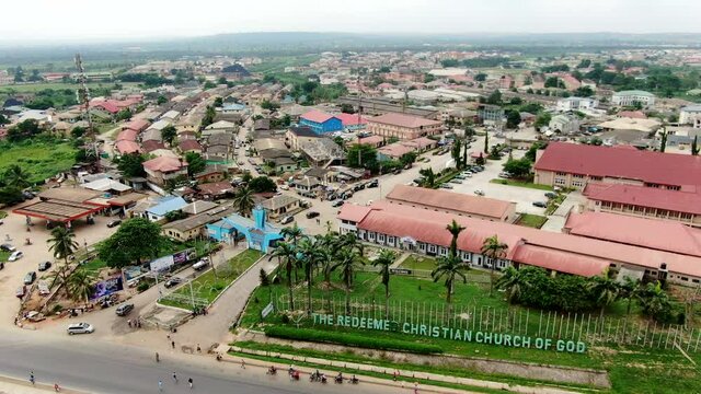 The Redeemed Christian Church of God and the city of Mowe Town in Ogun State, Nigeria - aerial view
