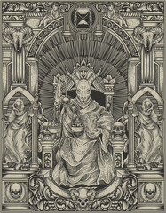 Fototapeta na wymiar illustration king satan on gothic engraving ornament style